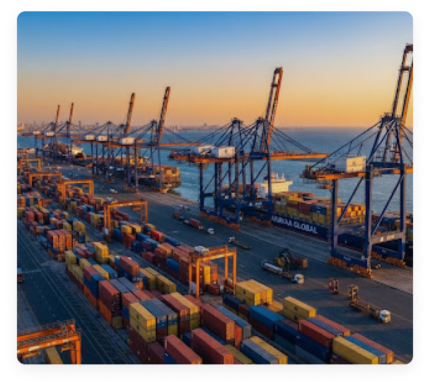 Cargo port containers at sunset